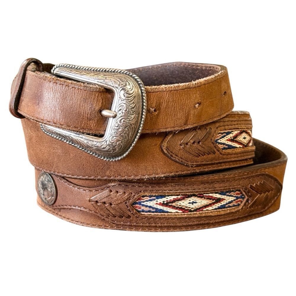 Orvis 3D Leather Western Belt Woven Southwest Concho Accents Silver Buckle sz 46
